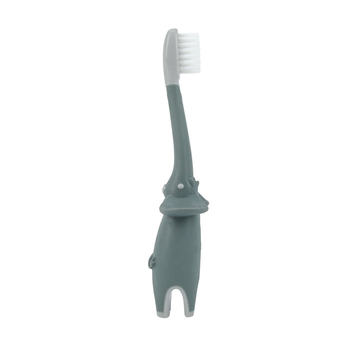 Dr. Talbot's Toddler Training Toothbrushes (2 Pack) feature soft bristles and a gray and white handle shaped like a cartoon hippopotamus—ideal for encouraging oral hygiene in young children.