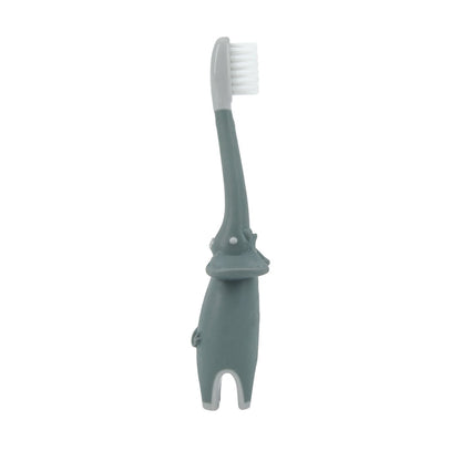 Dr. Talbot's Toddler Training Toothbrushes (2 Pack) feature soft bristles and a gray and white handle shaped like a cartoon hippopotamus—ideal for encouraging oral hygiene in young children.