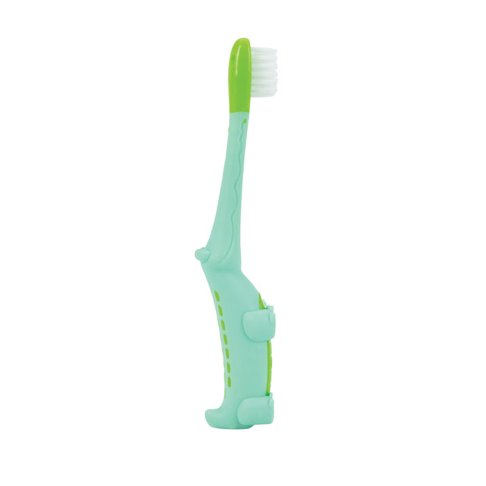 Dr. Talbot's Toddler Training Toothbrushes (2 Pack) in green and light blue feature soft bristles and a playful, animal-like handle with grip bumps, shown upright on a white background to support toddler oral hygiene.