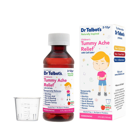 Dr. Talbot’s Tummy Ache Relief comes with a measuring cup and box, featuring a cartoon child holding their stomach and listing symptoms this homeopathic infant medicine helps relieve.
