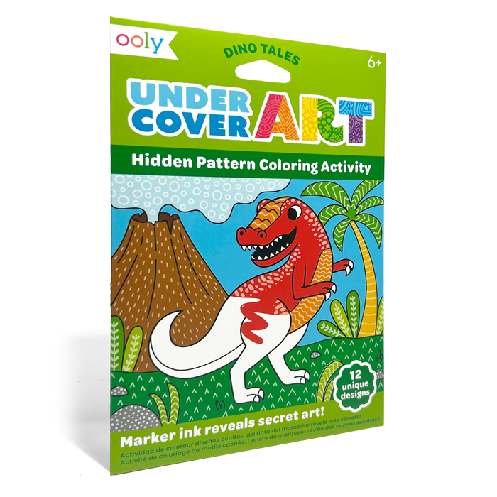 Quarter angle of packaging OOLY Undercover Art Hidden Pattern Coloring Activity Art Cards - Dino Tales