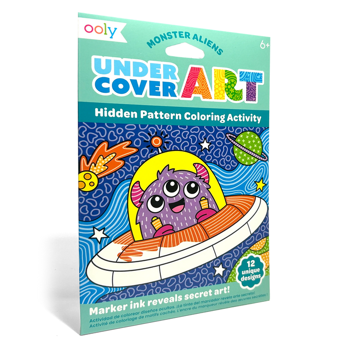 Quarter angle of packaging OOLY Undercover Art Hidden Pattern Coloring Activity Art Cards - Monster Aliens