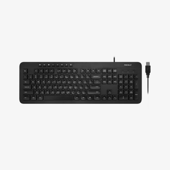 Macally Wired Computer Keyboard for Windows PC - connected to Mac computer on desk