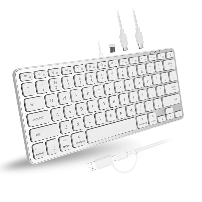 Macally keyboard built-in 3-port USB hub with USB devices plugged in showing connectivity on white background