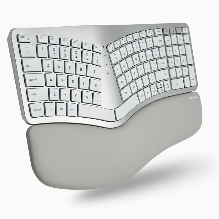 Macally wireless ergonomic keyboard for Mac with split-key layout, built-in number pad, and cushioned wrist rest — top-down angled view