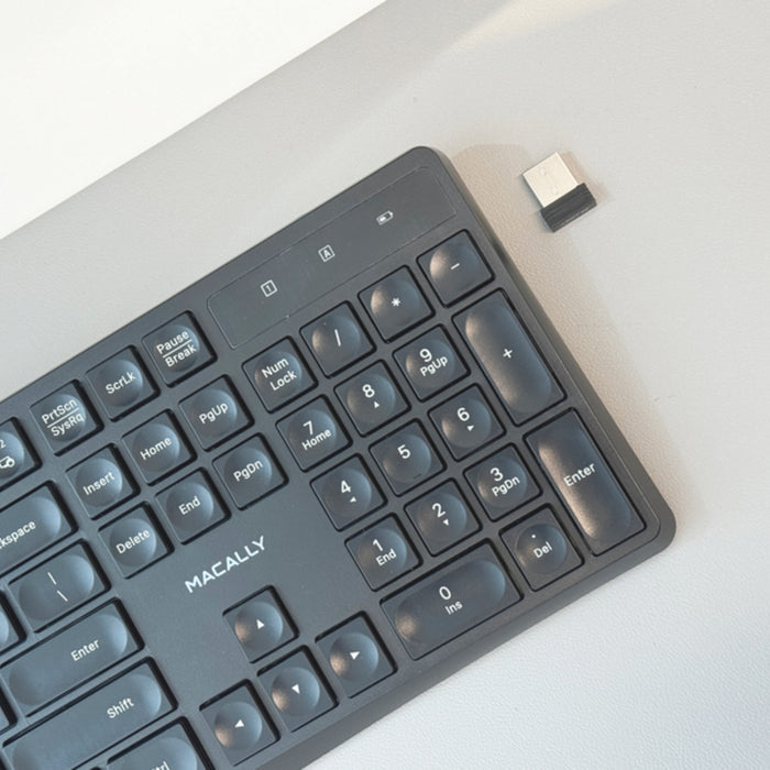 Macally Wireless Full Size Keyboard for Windows PC - connected to Mac computer on desk