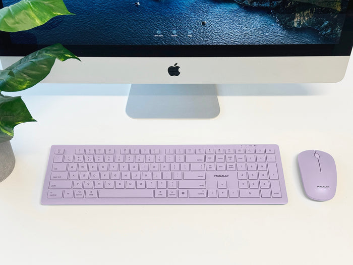 Macally Wireless Keyboard and Mouse for MacBook Air - Purple - rear view showing connectivity ports