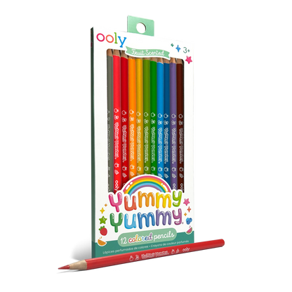 Quarter angle of packaging and pencil from OOLY Yummy Yummy Fruit Scented Colored Pencils